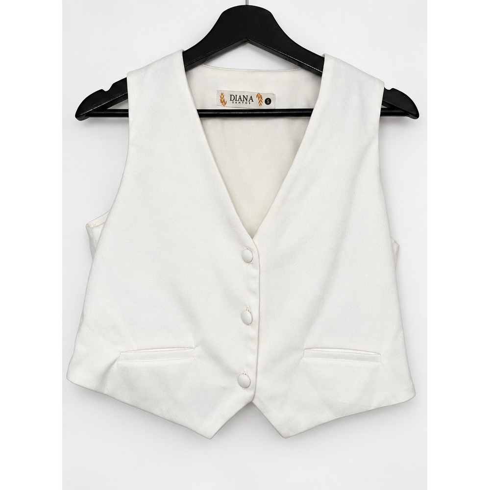 Diana Santos White Tailored Waistcoat Vest Button Front Cropped Size S